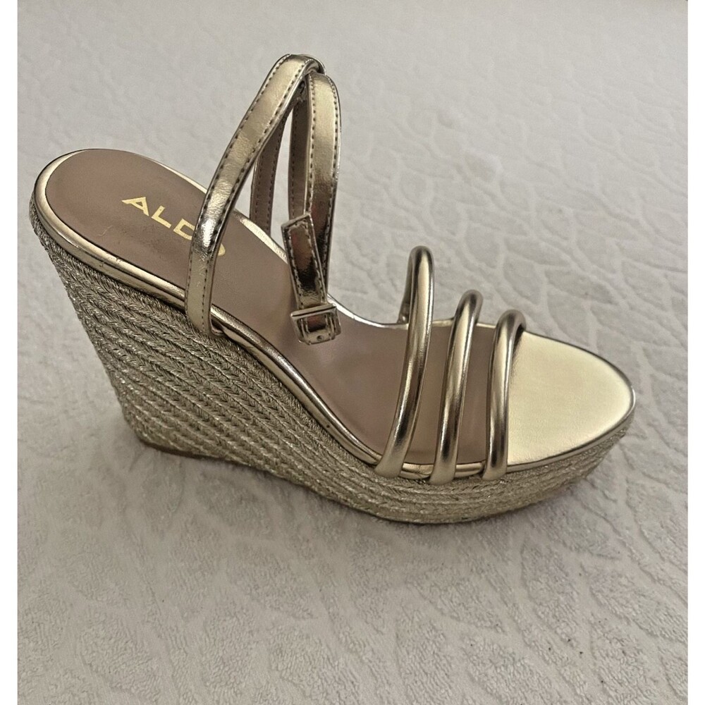 ALDO Sz 6.5 Portofino Strappy Espadrille Women's Summer Wedges Bright Gold